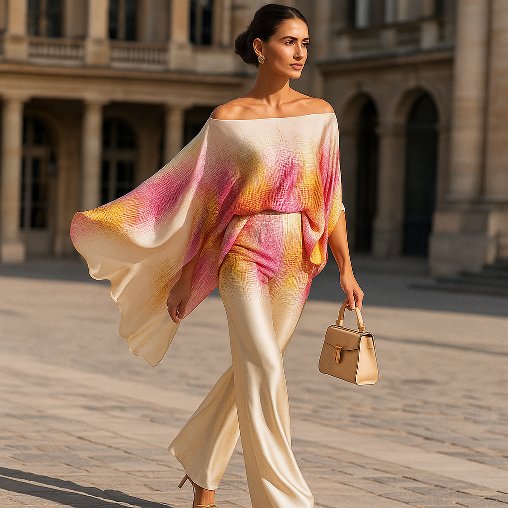 Tyylikäs samettiasu naisille - epäsymmetrinen paita - leveät housut