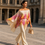 Tyylikäs samettiasu naisille - epäsymmetrinen paita - leveät housut