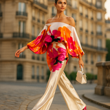 Tyylikäs samettiasu naisille - epäsymmetrinen paita - leveät housut