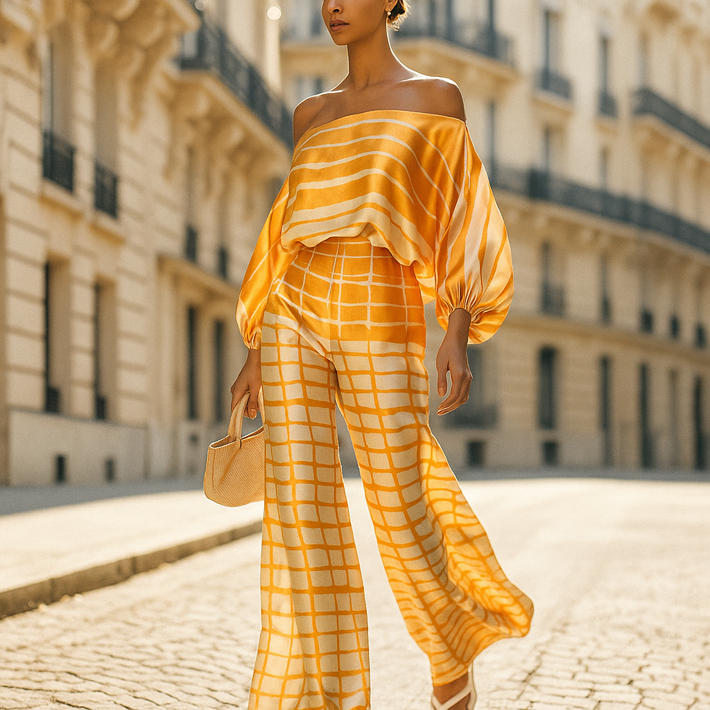 Tyylikäs samettiasu naisille - epäsymmetrinen paita - leveät housut