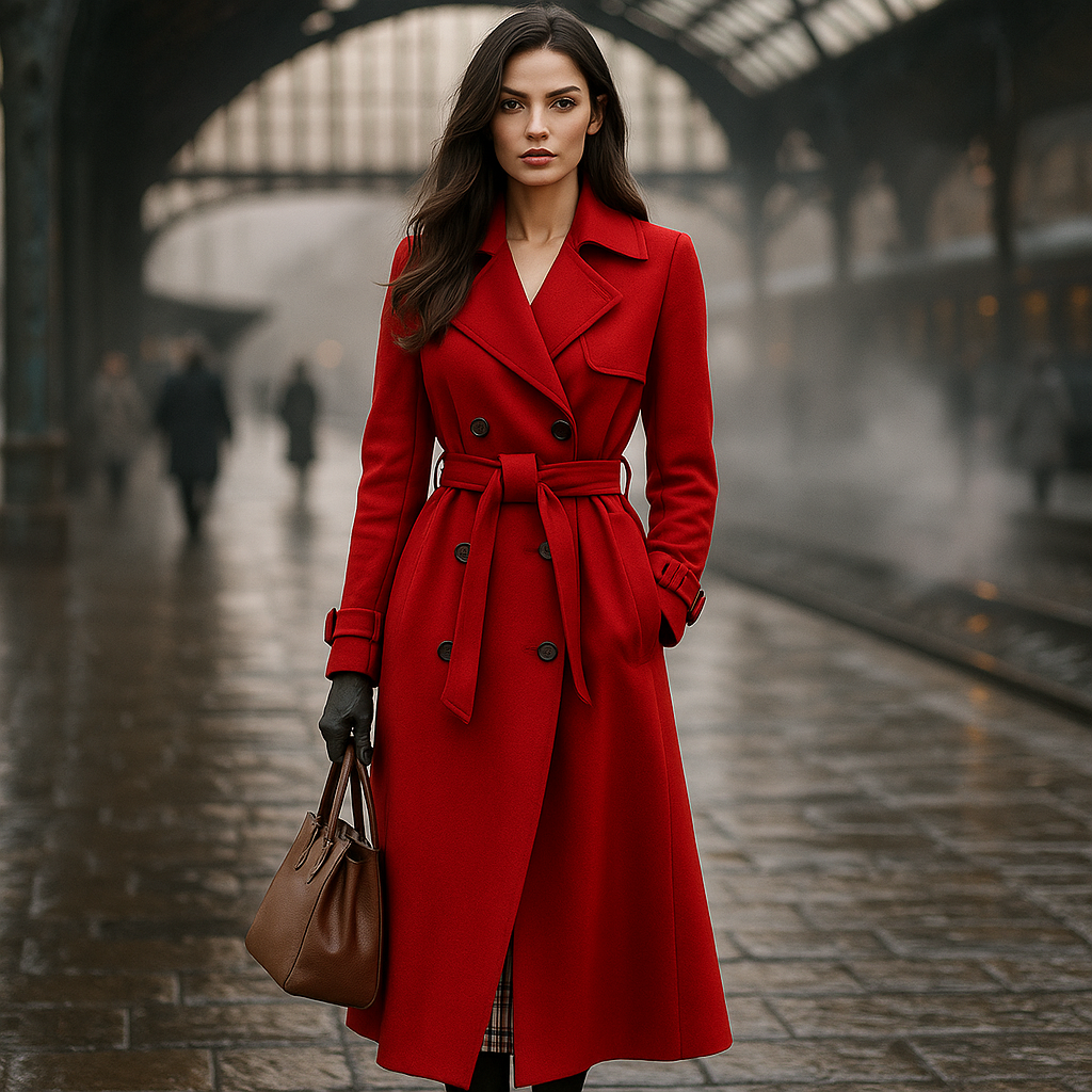 Kvinders dobbelte strikkede trenchcoat - Klassisk stil - Tidløs overtøj