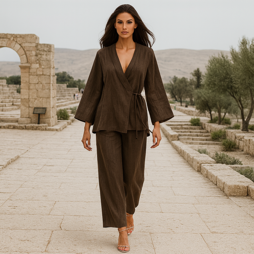 Tyylikäs naisten pellavapuku - kesäinen kaksiosainen setti