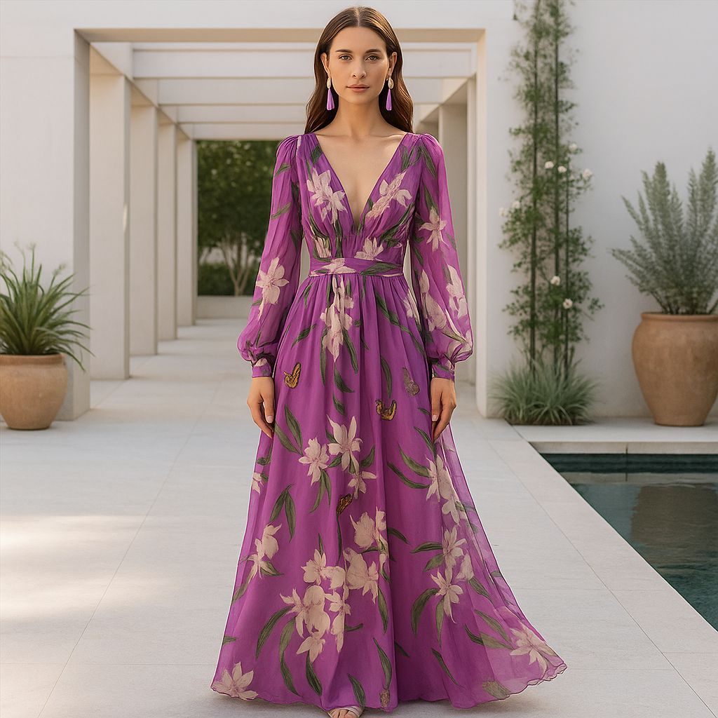 Pitkä maksimekko - sifonki - kukkakuosi - V-pääntie