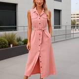 Naisten pitkä farkkumekko - hihaton - napit - vyö vyötäröllä