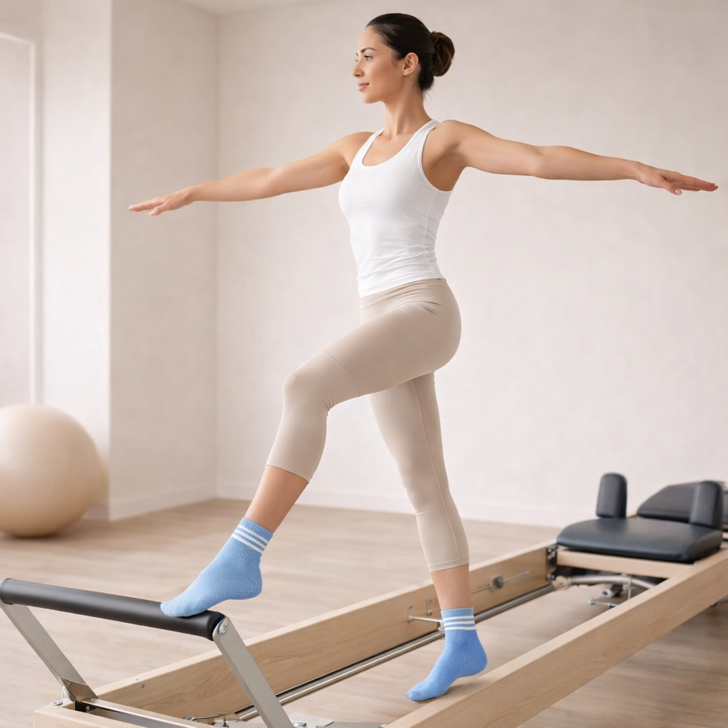 Pilates-sukat liukumattomalla pohjalla, hengittävää puuvillaa - nilkkapituus