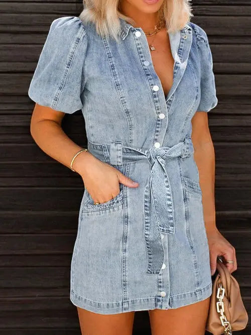 Mekko Puffihihalla - Trendikäs Denim Napillinen-Mekot-EmiyoSuomi