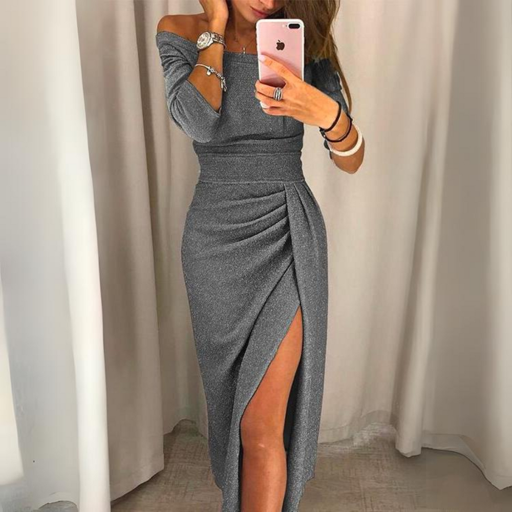 Ilta-asu - tyylikäs kiiltävä mekko - halkiolla