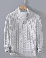 Miesten kaapelineulottu half-zip pooloneule korkea kaulus