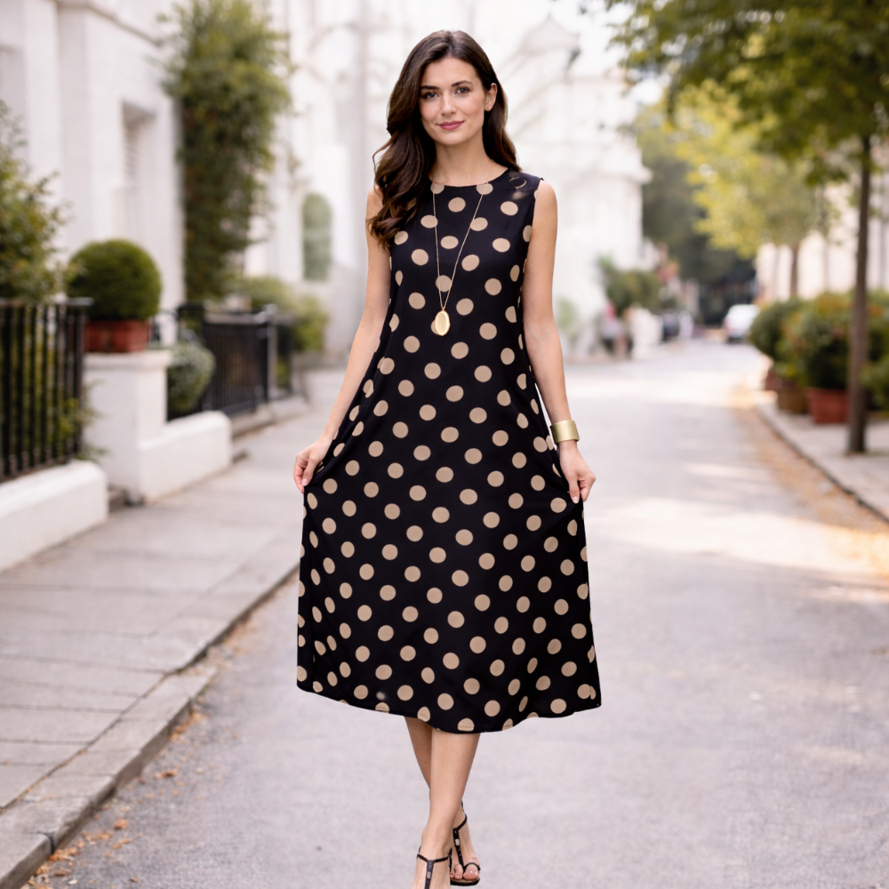 Naisten Polka Dot Pitkä Mekko | Vatsanmuotoilija, Virtaava | Musta