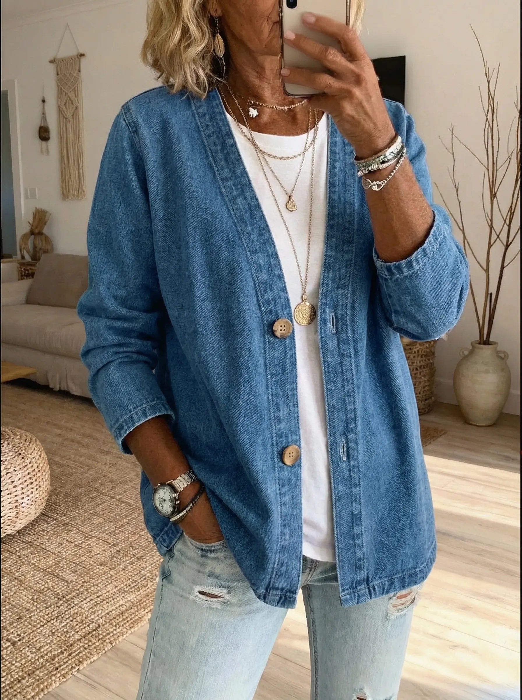 Denimtakki | Nappirivit, Pitkät Hihat | Casual