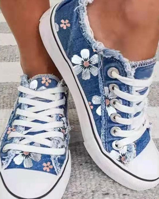 Denim-Urheilukengät - Kukkaprintti - Naistenmuoti - EmiyoSuomi