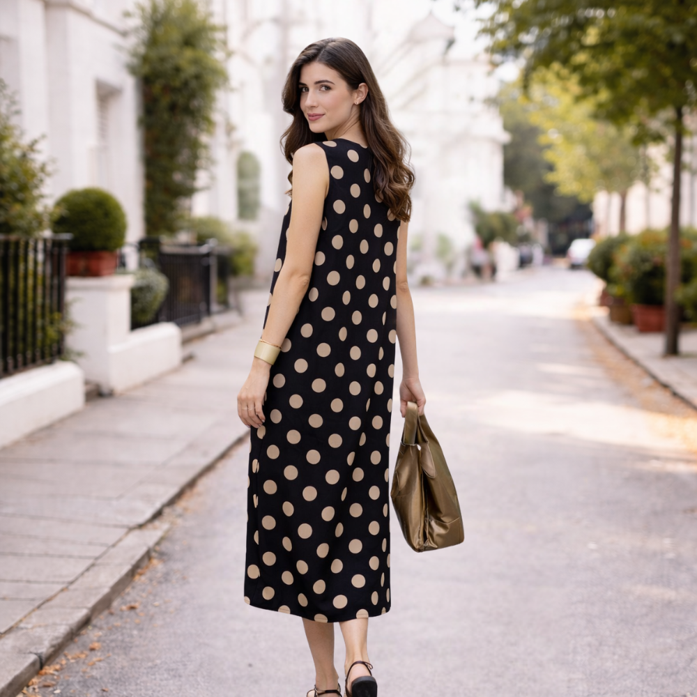 Naisten Polka Dot Pitkä Mekko | Vatsanmuotoilija, Virtaava | Musta