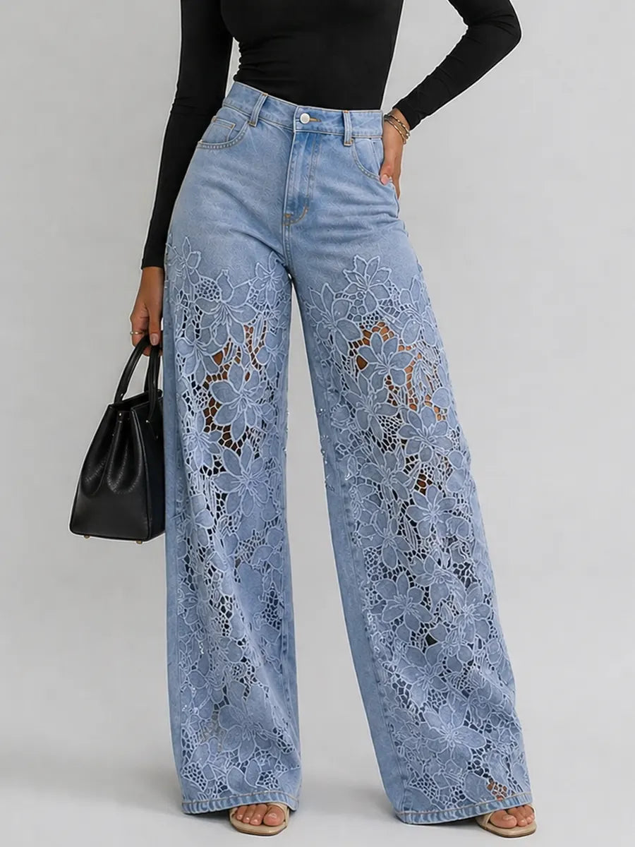 Naisten denim leveälahkeiset housut kukkapitsikoristeella