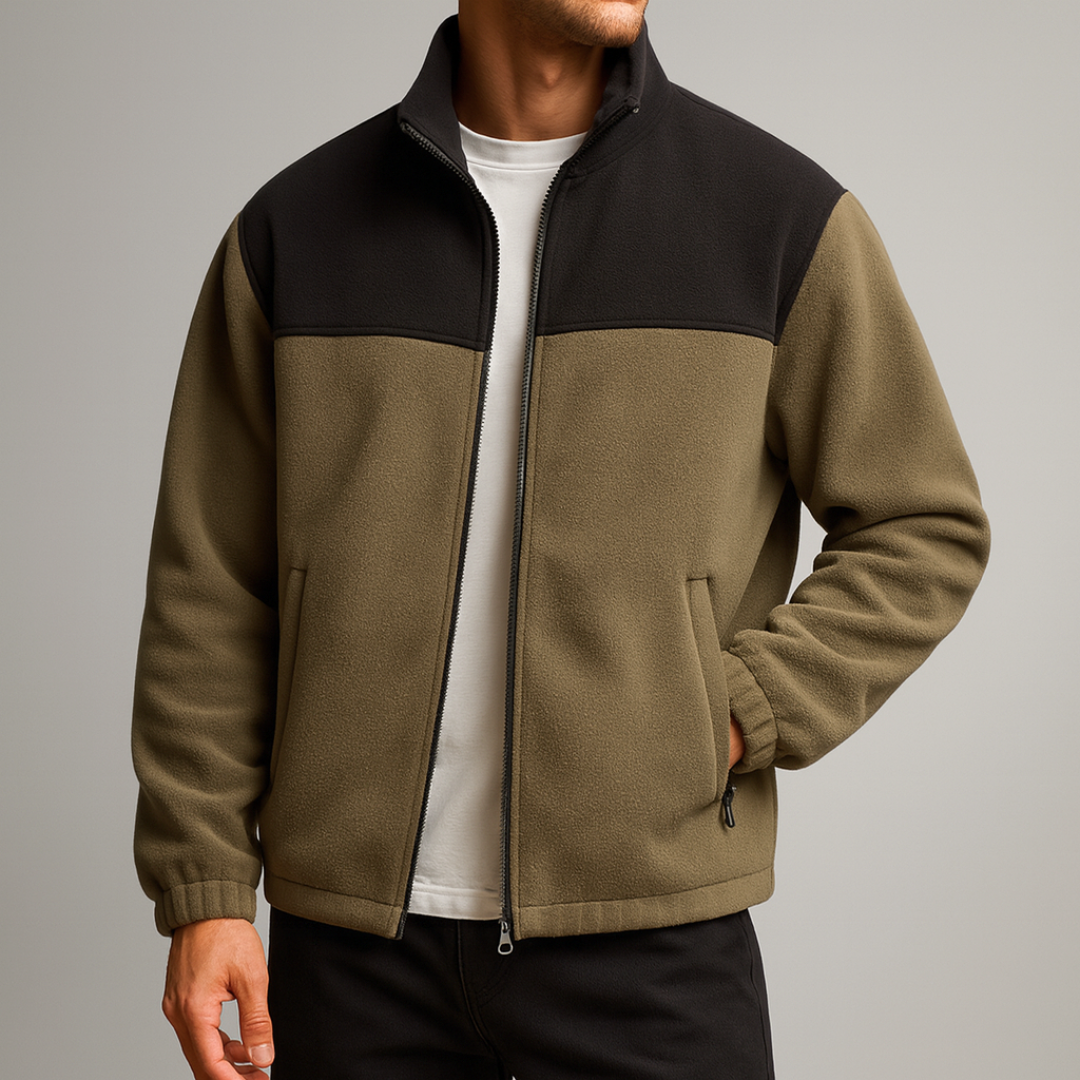 Miesten talvitakki fleece vetoketjulla värilohkoin