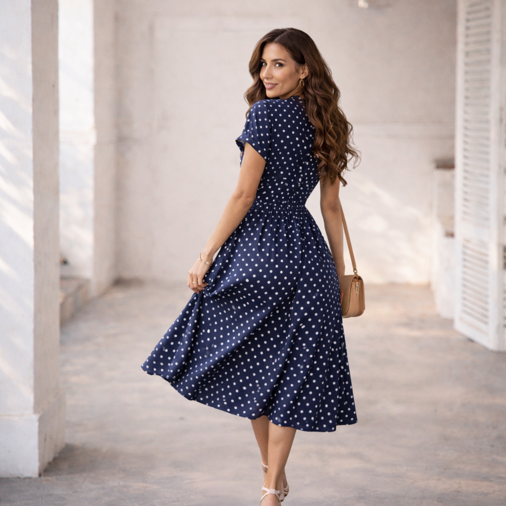 Polka Dot -mekko | Rento Midi-mekko pitsi- ja nappiyksityiskohdilla