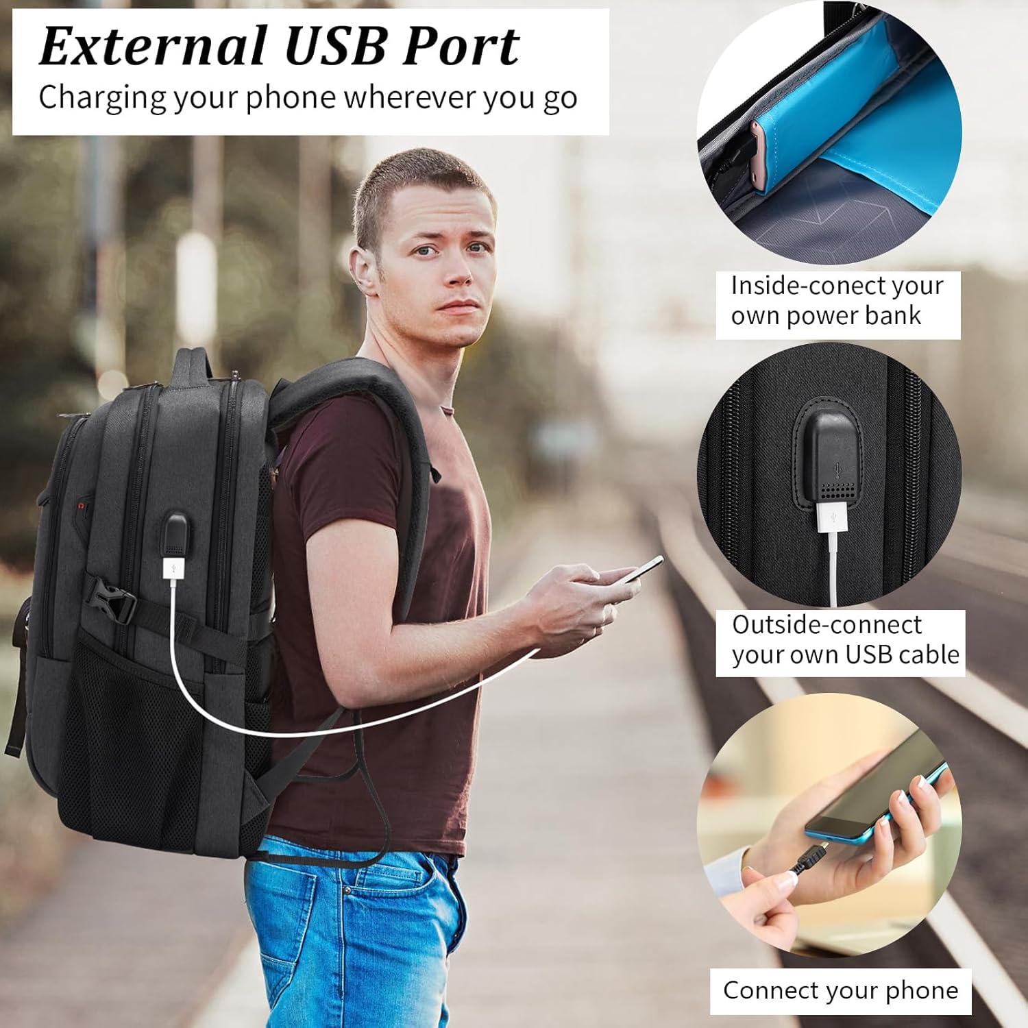Vedenkestävä matkalaukkureppu kannettavalle tietokoneelle USB-portilla ja järjestetyllä säilytyksellä