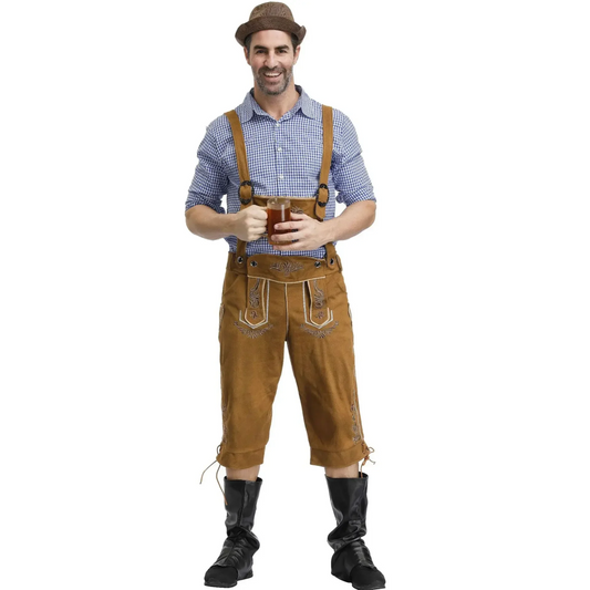 Herre Lederhosen - Højkvalitets Læder - Stropper & Skjorte - Traditionelt Festtøj