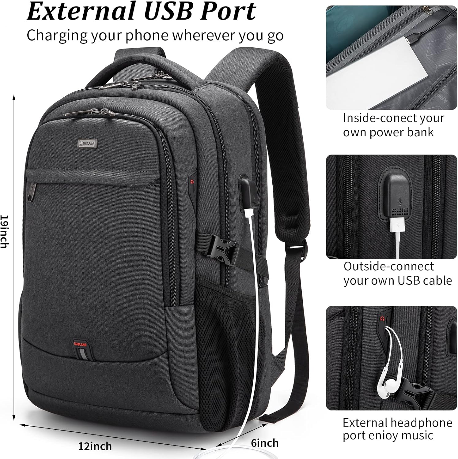 Vedenkestävä matkalaukkureppu kannettavalle tietokoneelle USB-portilla ja järjestetyllä säilytyksellä
