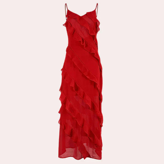 Elegantti pitkä mekko frilloilla - naisellinen tyyli - juhlavaatteet-Mekot-EmiyoSuomi