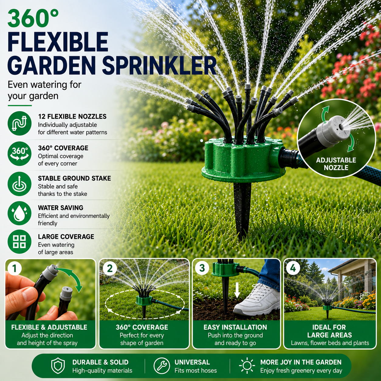 Liora | 12-in-1 puutarhan kastelijärjestelmä 360° pyörivällä sprinklerillä