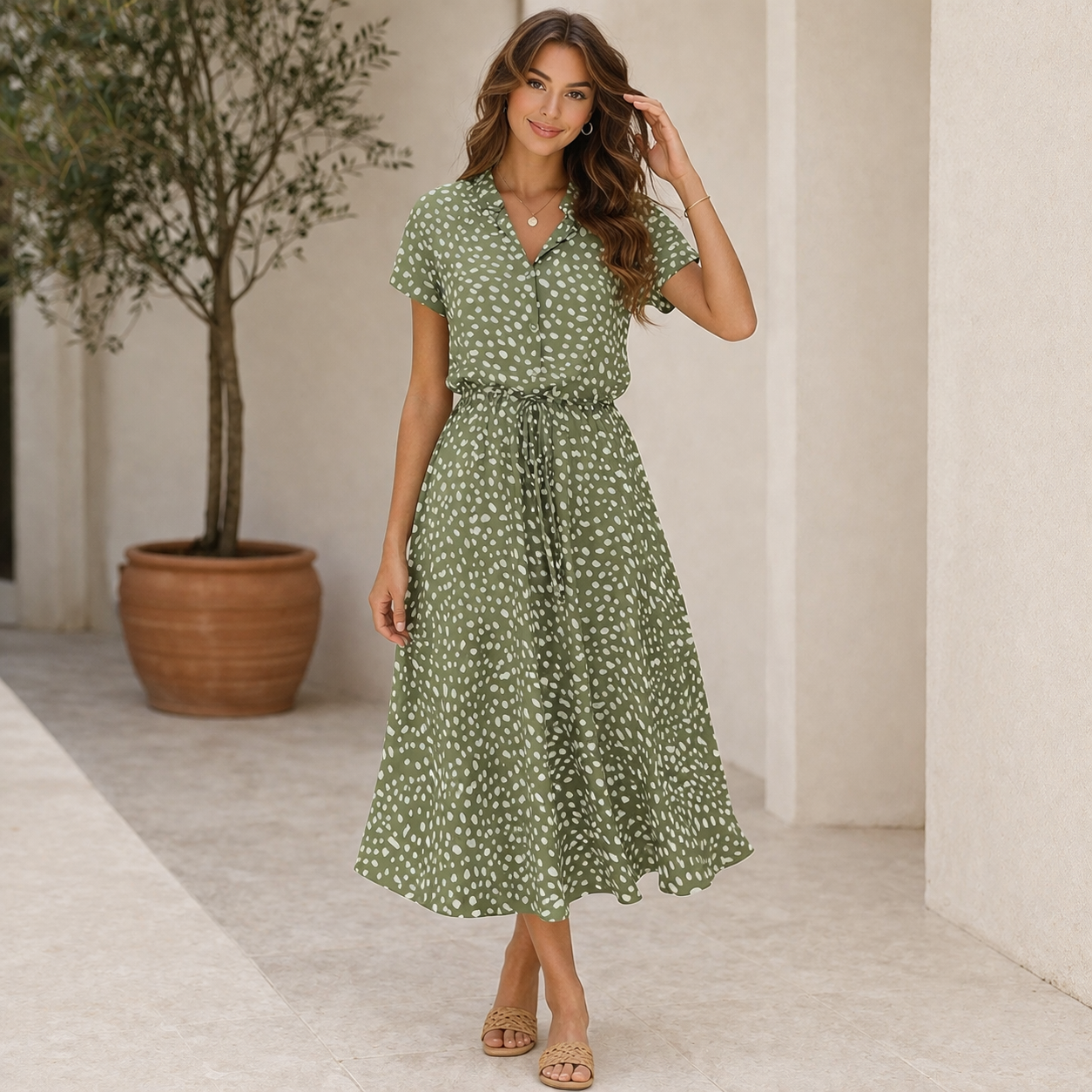 Polka Dot -mekko | Midi-tyyli, lyhyet hihat | Trendikäs