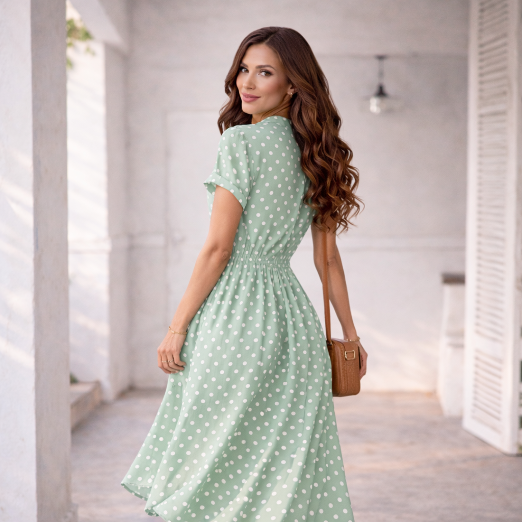 Polka Dot -mekko | Rento Midi-mekko pitsi- ja nappiyksityiskohdilla
