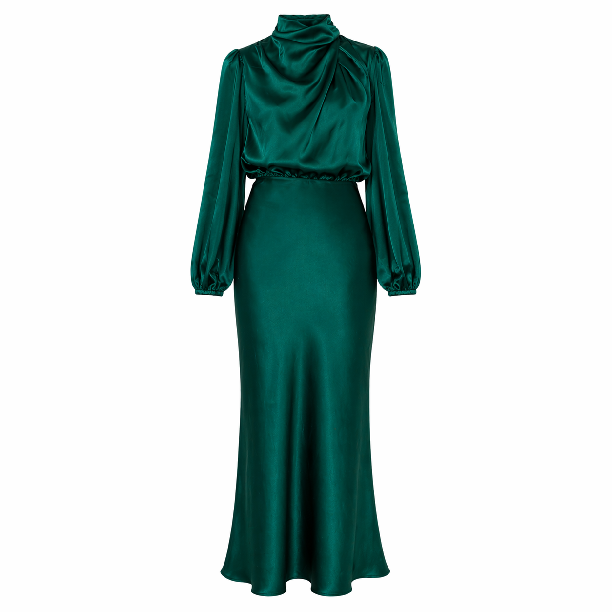 Satiini Pitkä Mekko | Vaivaton Eleganssi | Korkea Kaulus, Pitkät Hihat