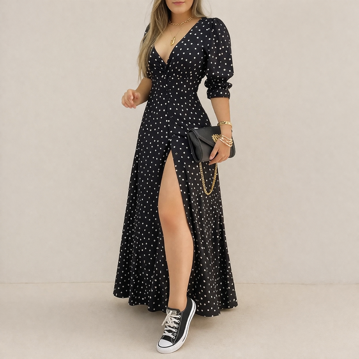 Polka Dot Dress | Naisten Elegantti, Klassinen Tyyli | Virtaava Istuvuus