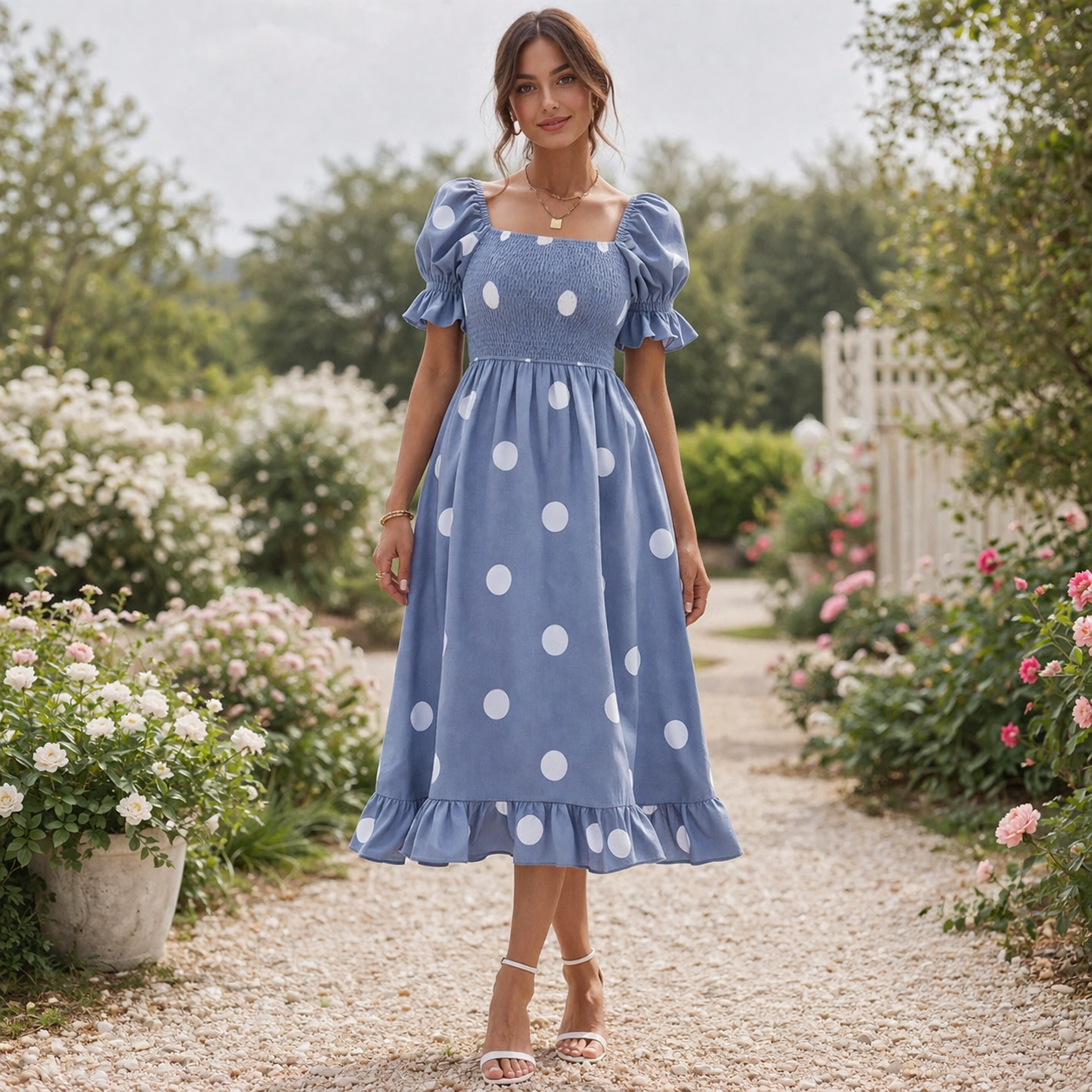 Polka Dot Midi-mekko | Naisten Puhvihiha | Elegantti Virtaava Tyyli