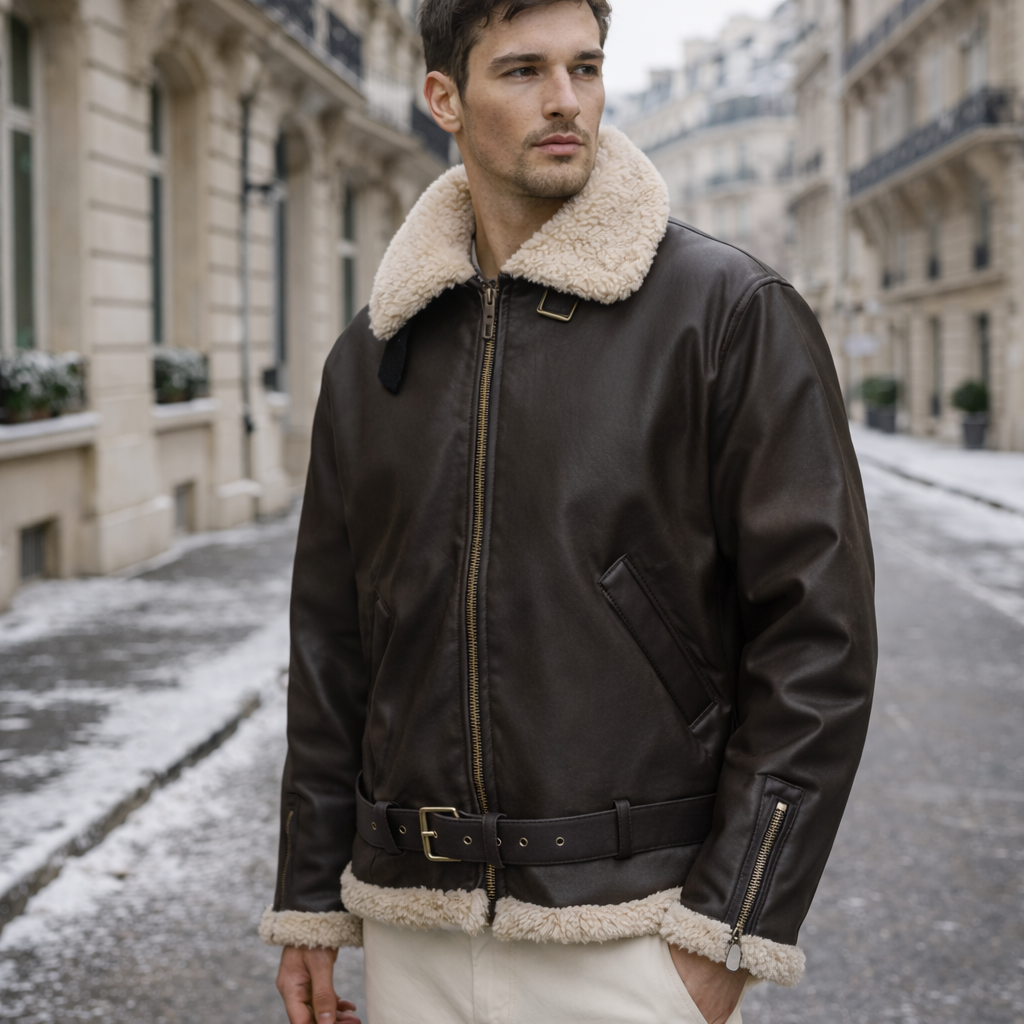 メンズレザーパイロットジャケット - ファーライニング - 本革