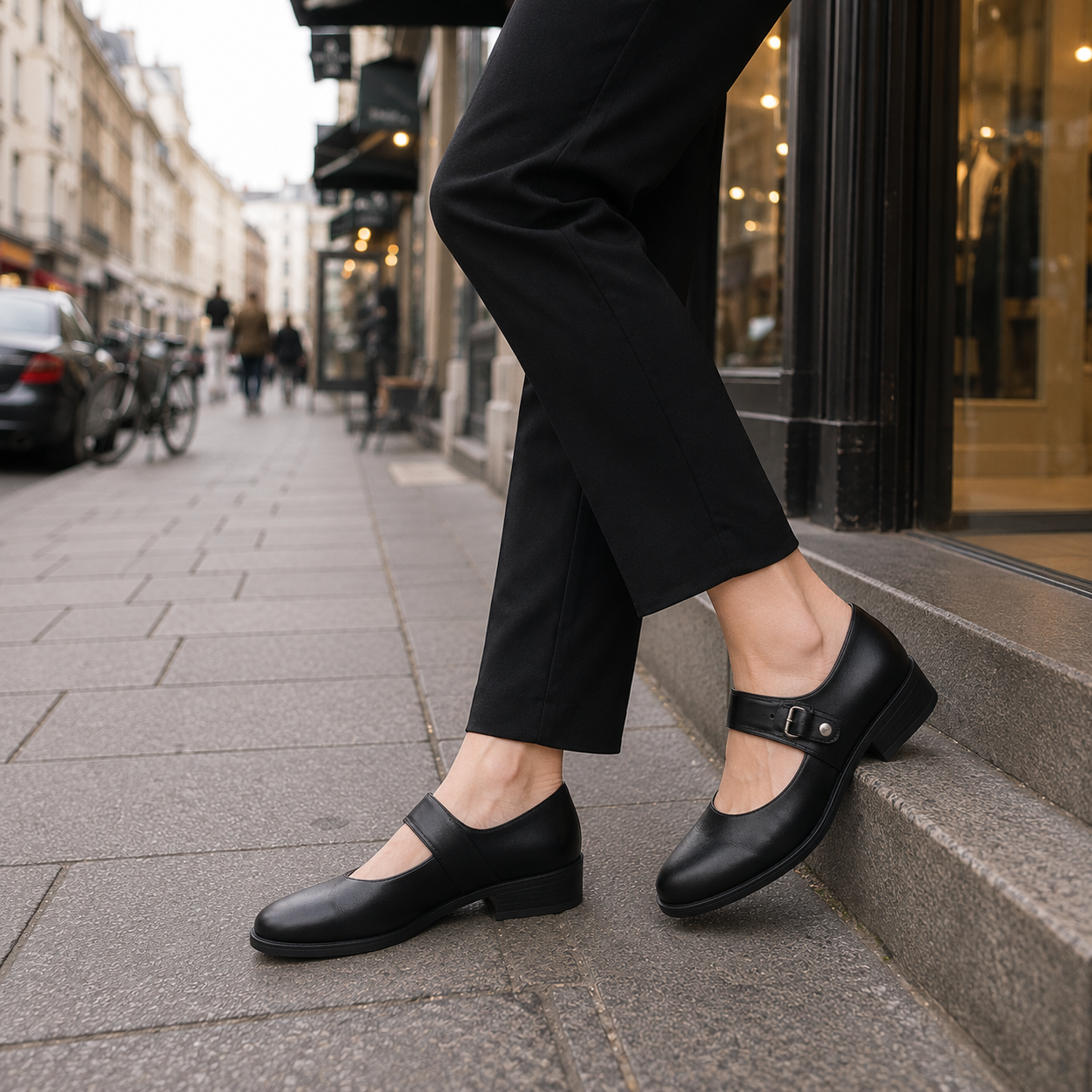 Women's Mary Jane shoes | Black leather, buckle strap | Comfortable flat ballet shoes