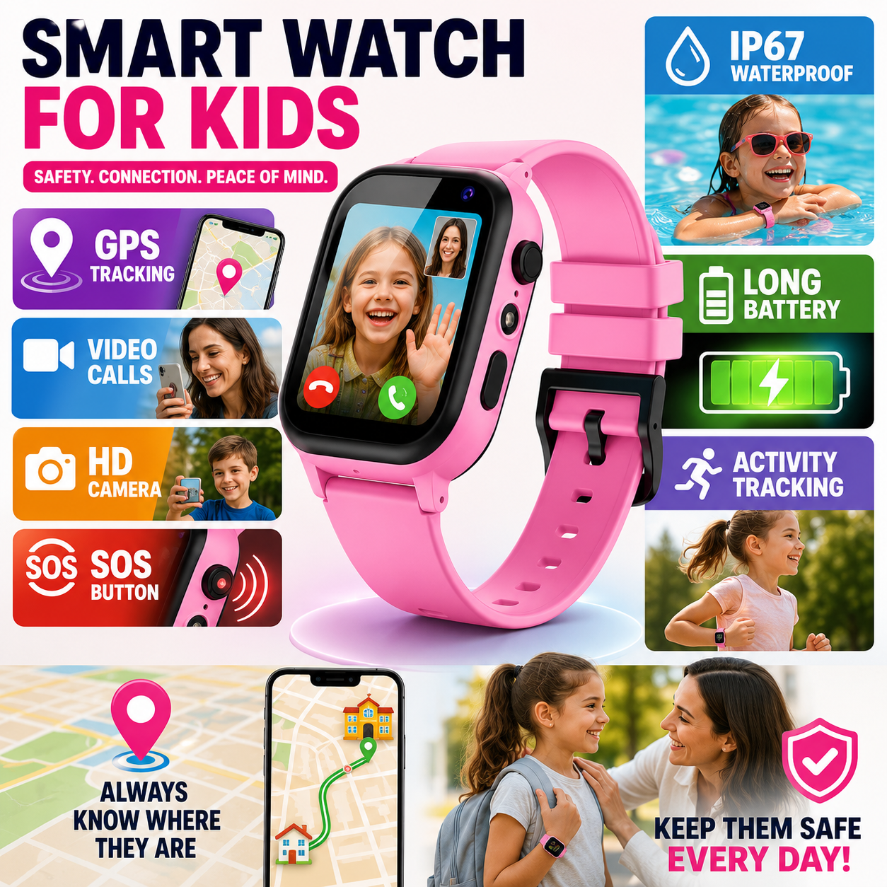 Lasten GPS-Smartwatch | Videoanrufe, SOS-Funktion | Sicherheitsuhr