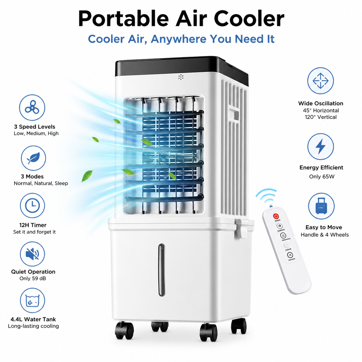 Přenosná klimatizace | Odpařovací chladič, 3 rychlosti | Dálkové ovládání, 12hodinový časovač