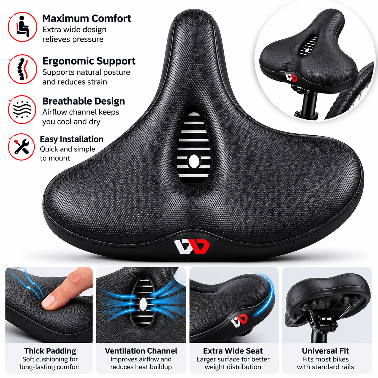 Fahrradsattel | Ergonomisch, atmungsaktiv | Breiter, gepolsterter Sitz