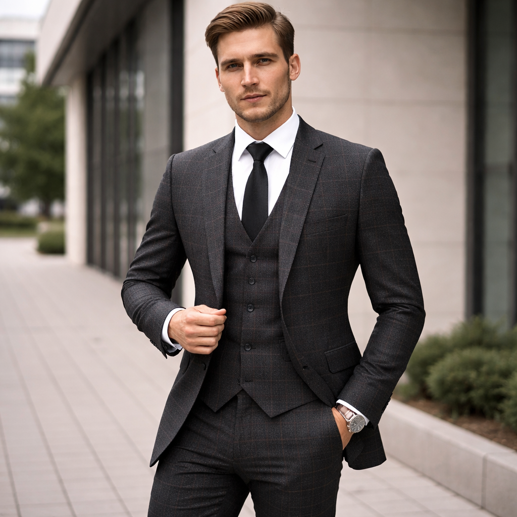 Miesten Kolmiosainen Puku – Slim Fit Ruutukuvio