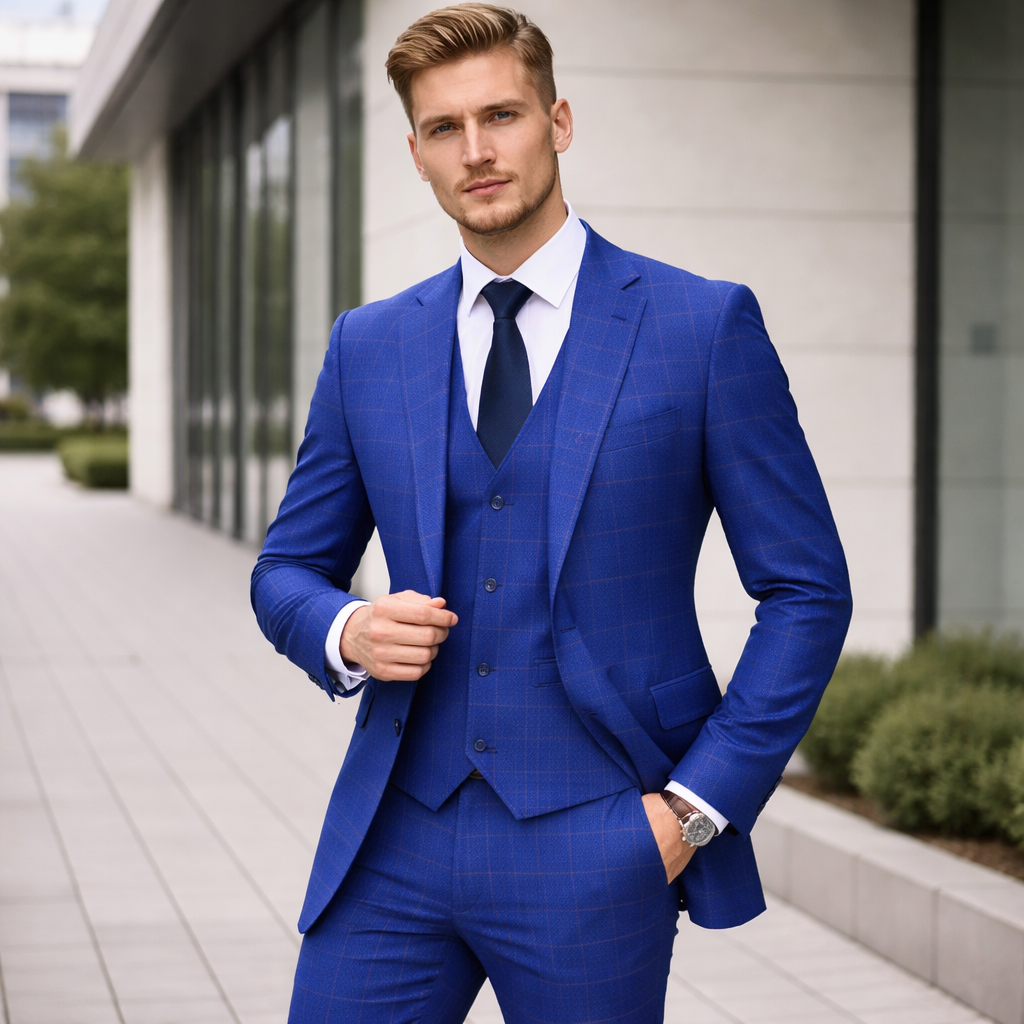 Miesten Kolmiosainen Puku – Slim Fit Ruutukuvio