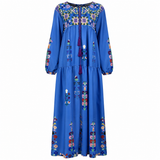 Boho Mekko | Sininen Brodeerattu Maksimekko | Kevyt, Väljä Puuvillamekko
