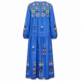 Boho Mekko | Sininen Brodeerattu Maksimekko | Kevyt, Väljä Puuvillamekko