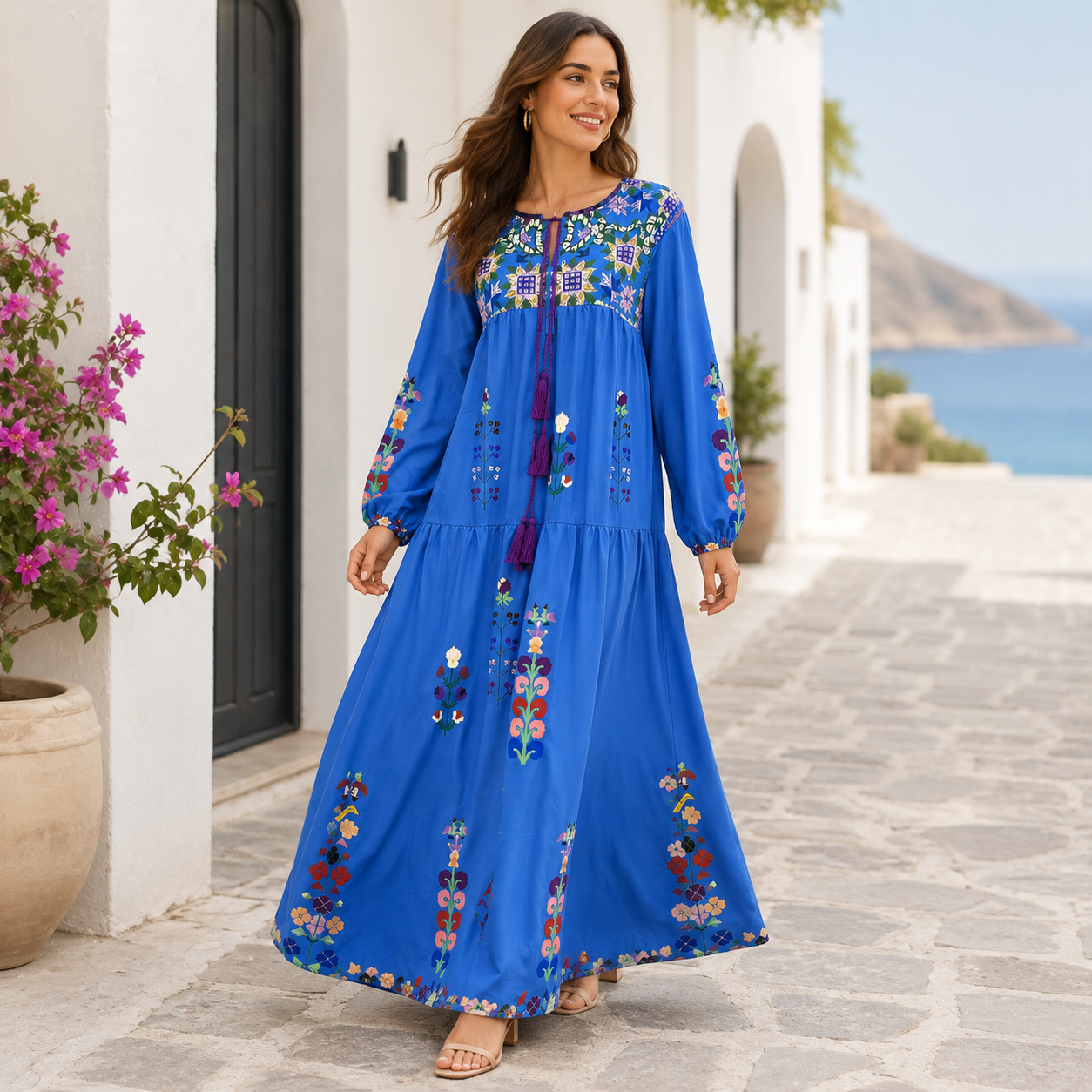 Boho Mekko | Sininen Brodeerattu Maksimekko | Kevyt, Väljä Puuvillamekko