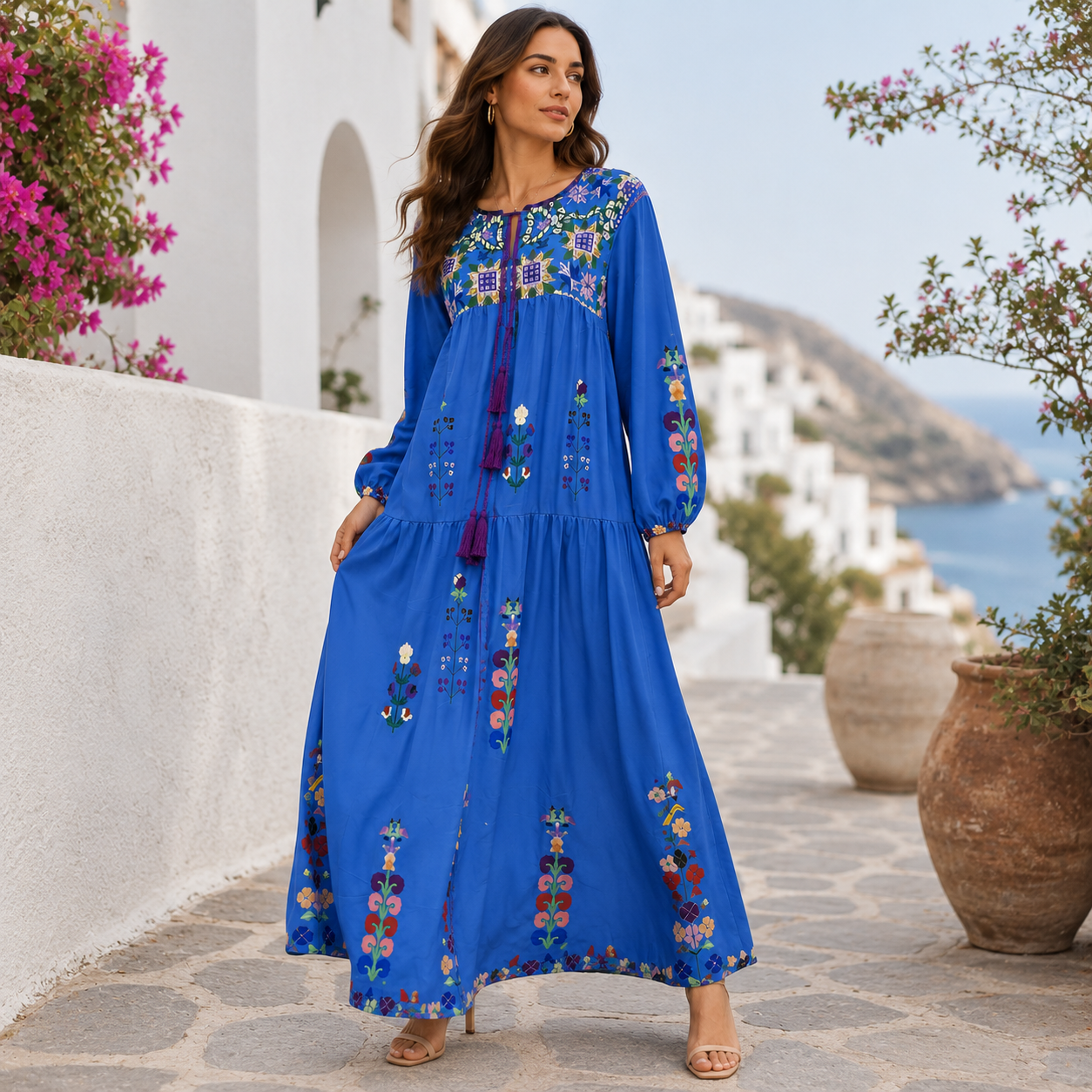 Boho Mekko | Sininen Brodeerattu Maksimekko | Kevyt, Väljä Puuvillamekko