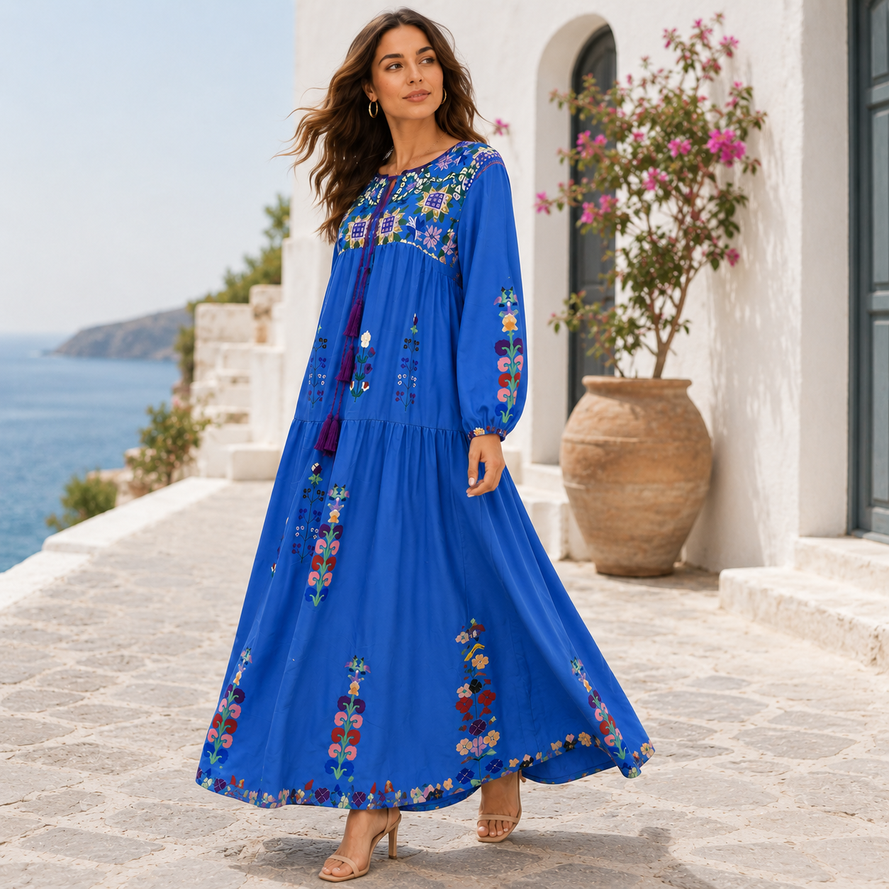 Boho Mekko | Sininen Brodeerattu Maksimekko | Kevyt, Väljä Puuvillamekko
