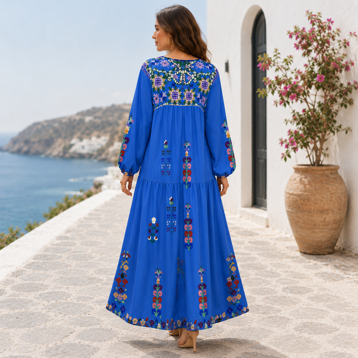 Boho Mekko | Sininen Brodeerattu Maksimekko | Kevyt, Väljä Puuvillamekko
