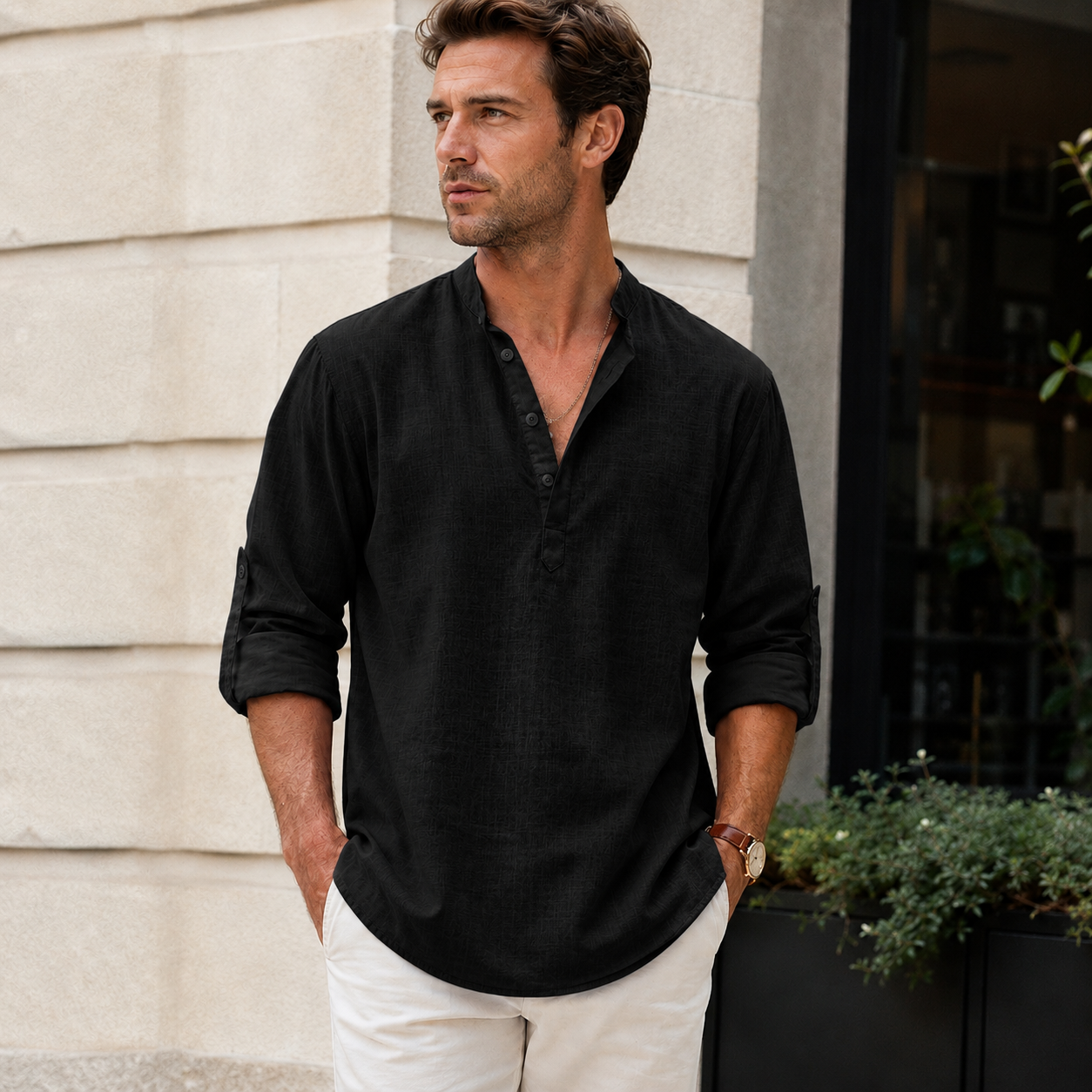 Herre hørskjorte | Åndbar skjorte med krave, let casual-stil