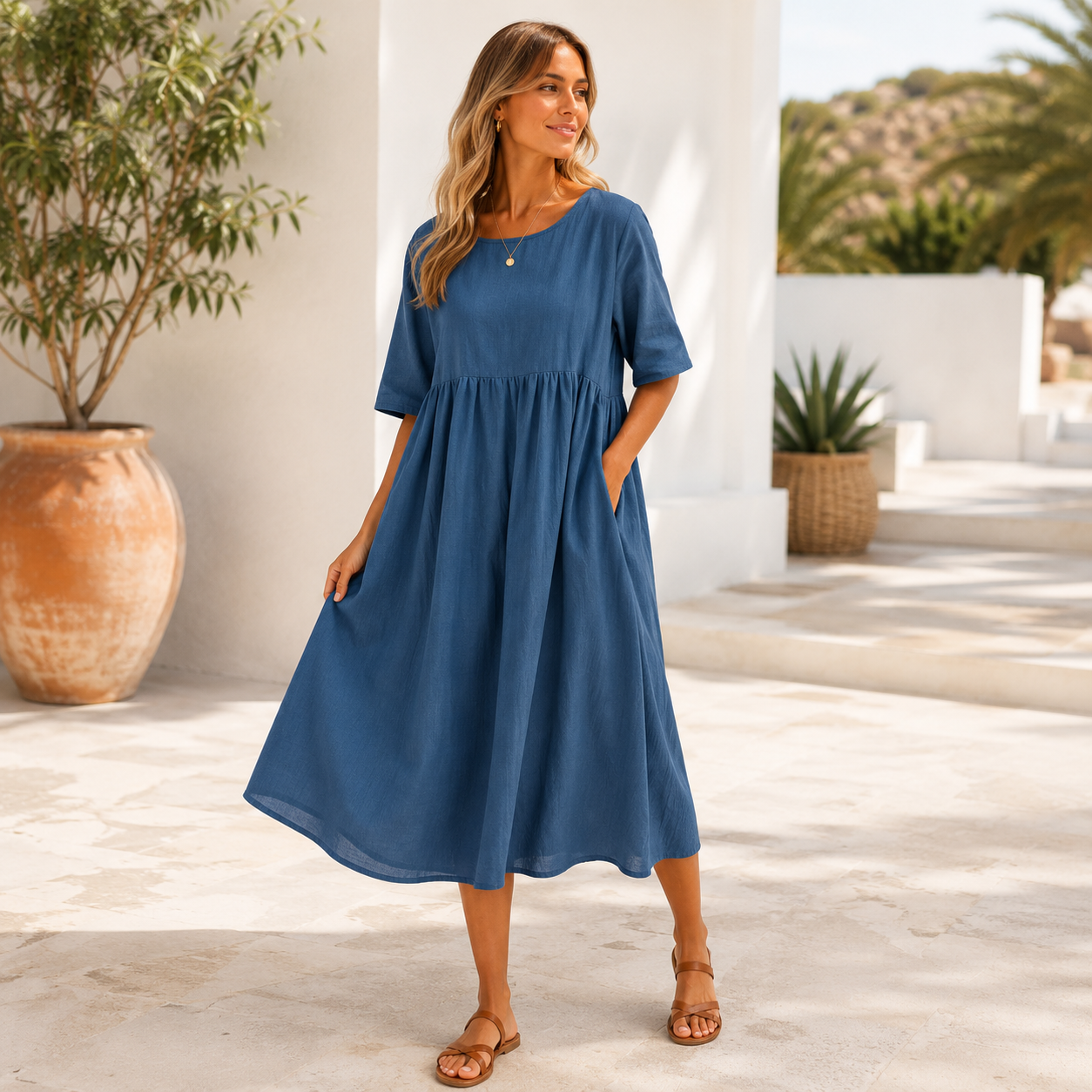 Pellavamekko | Taskullinen Maxi Mekko, Väljä | Rennon Tyylikäs