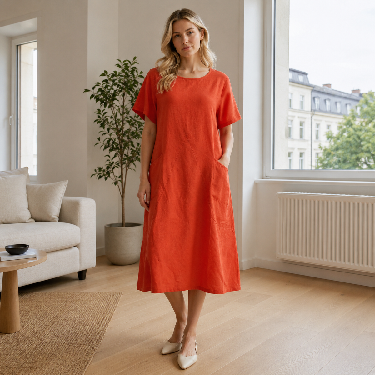 A-linjainen polvipituinen mekko taskuilla