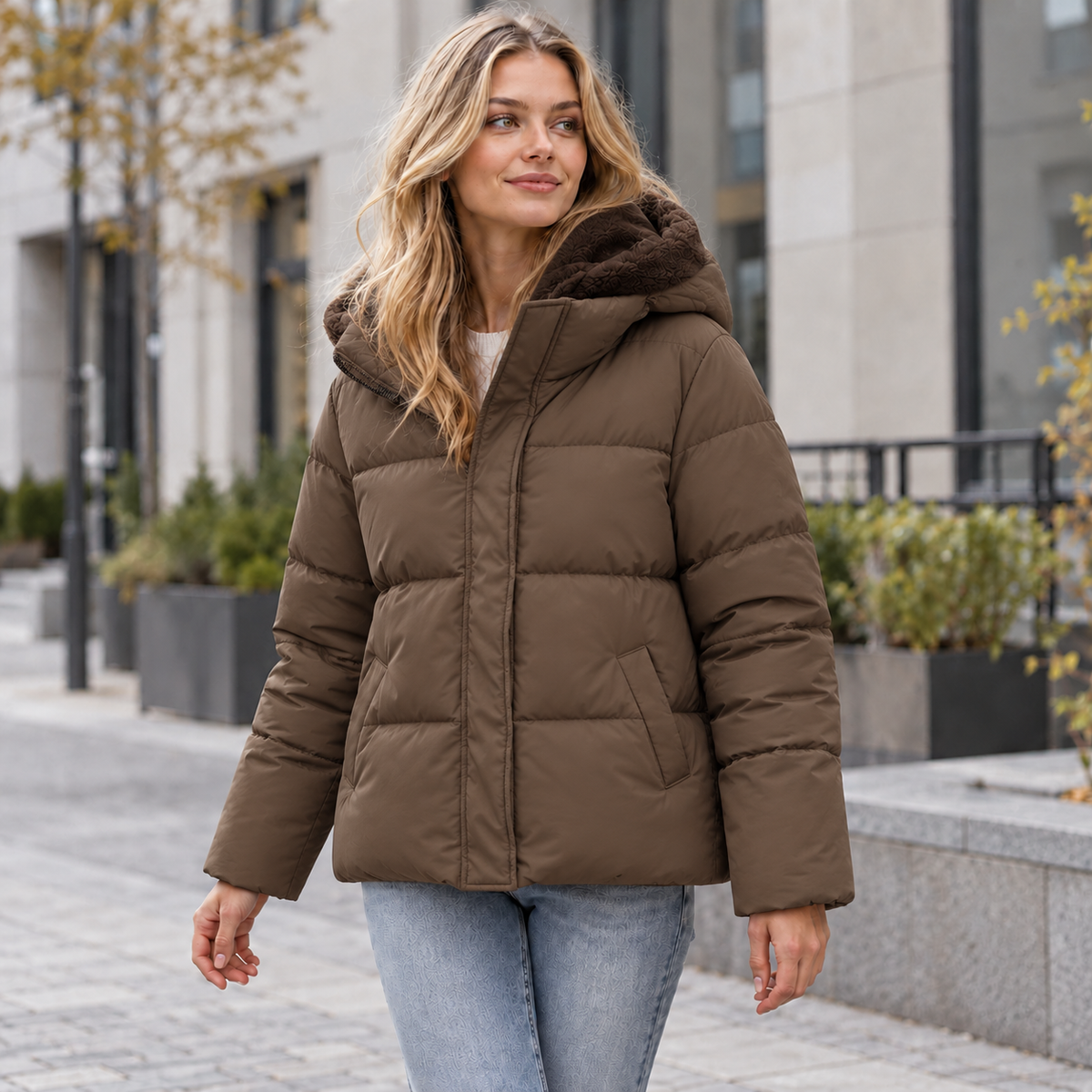 Damen-Pufferjacke | Kurz, abnehmbare Kapuze, Kunstpelzfutter