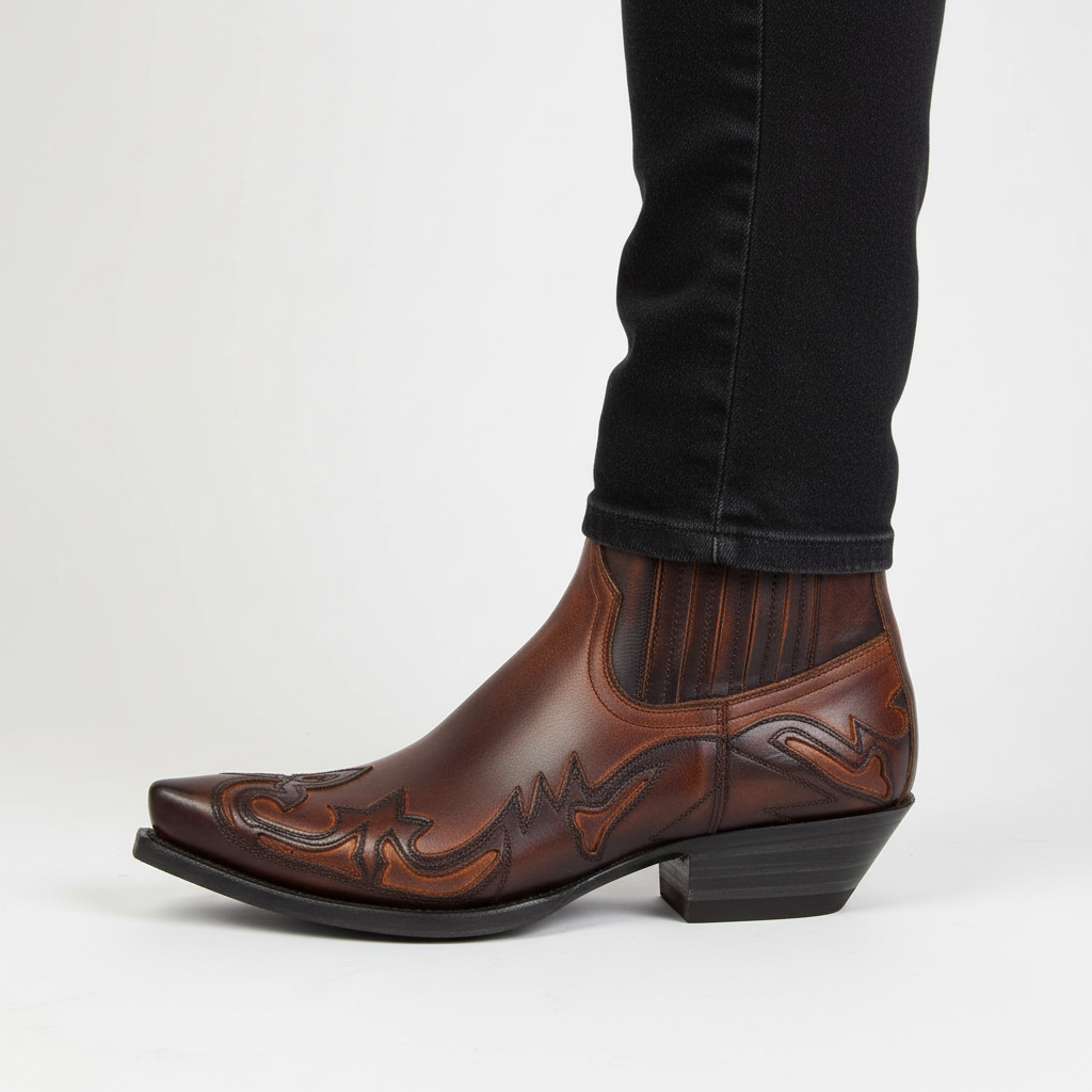 Unisex nahka cowboy boots western kirjonnalla mustana ja ruskeana
