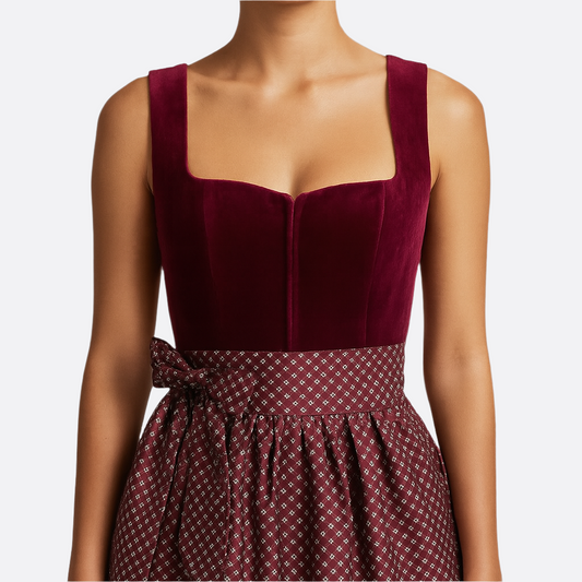 Damen Dirndl-Kleid - Weicher Stoff - Elegantes Rot - Oktoberfest-Party-Kleid