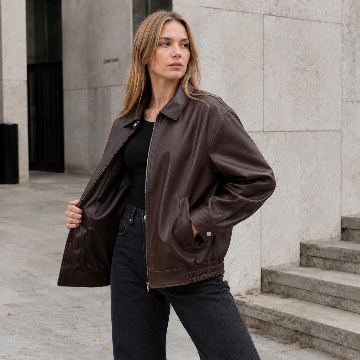 Dames Leren Jas – Oversized Model – Heuplengte – Ritssluiting