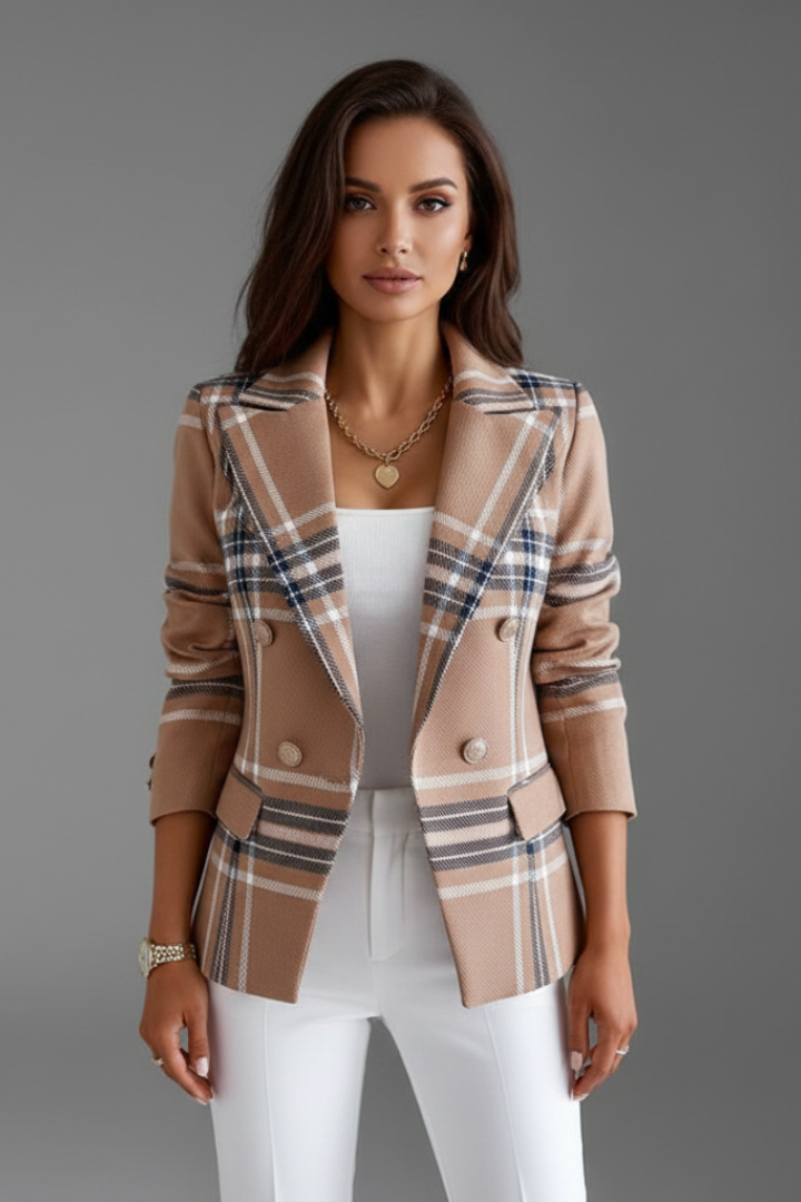 Naisten ruudullinen bleiseri vyöllä ja käännekauluksella